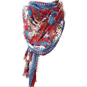 Pashmina Red White Blue Floral Scarf Frayed hem
